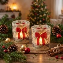 Artículo Portavelas de cristal con ramas navideñas y cinta roja, 8 cm, 2 unidades