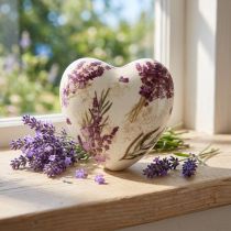 Artículo Decoración de cerámica en forma de corazón, gres vintage color lavanda, 10,5 cm.