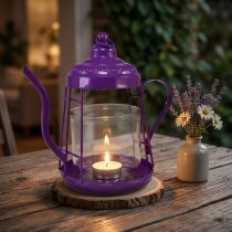 Artículo Portavelas farol de cristal tetera violeta Ø15cm H26cm