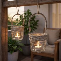 Artículo Farol colgante decorativo, metal, vidrio, mimbre, Ø13cm H12cm, 2 piezas