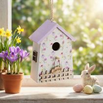 Artículo Casita para pájaros decorativa de primavera color lila y blanco, 11 cm de alto, 3 unidades
