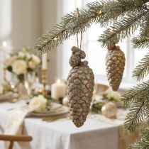 Artículo Decoración para árbol Conos con purpurina Oro claro 14cm 3pcs