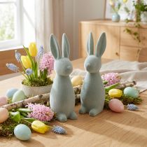 Artículo Conejito de Pascua decorativo, flocado, gris verdoso, 29,5 cm de alto, 2 piezas