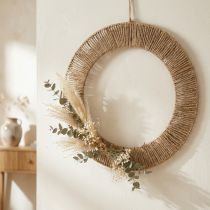 Artículo Decoración de pared de verano, estilo boho, yute y metal, Ø49cm, decoración colgante, corona de flores secas, estilo vintage