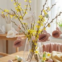 Artículo Conejitos de Pascua colgantes con forma de panal, blancos y naranjas, 8 cm de alto, 5 unidades.