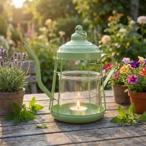 Artículo Portavelas farol de cristal tetera verde Ø15cm H26cm