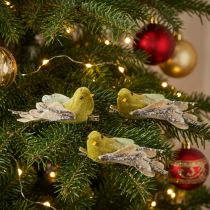 Artículo Pájaro decorativo navideño con pinza, verde, con purpurina, 12 cm, 6 unidades surtidas.
