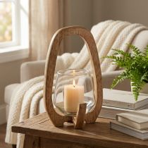 Artículo Farol de madera y cristal para decoración de salón Ø12cm H20cm