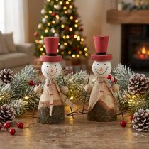 Artículo Adorable juego de 2 muñecos de nieve de madera con sombreros de copa rojos - Decoración de mesa de invierno - Natural y rojo, 15,5 cm, 2 unidades