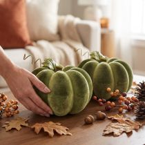 Artículo Decoración de calabaza flocada, 20 cm, calabaza verde, aspecto aterciopelado, 2 piezas