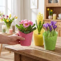 Artículo Macetero de papel macetero tejido rosa amarillo verde Ø9cm H18cm 9ud