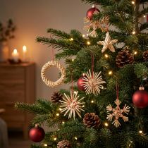 Artículo Estrellas de paja Adornos para árboles de Navidad paja rojo natural Ø4-6cm 17 piezas