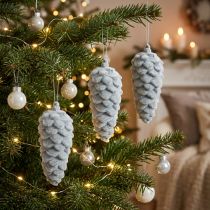 Artículo Piñas, flocadas en gris, 11,5 cm, 6 piezas, decoración