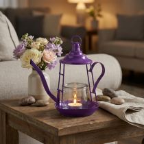 Artículo Portavelas farol de cristal tetera violeta Ø13cm H22cm