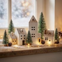 Artículo Mini pueblo navideño de madera Blanco natural 13/7cm 6pzs