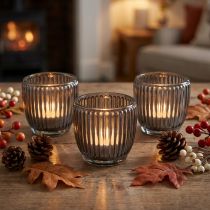 Artículo Portavelas de cristal gris, otoño/invierno, Ø7cm H7cm, 6 unidades