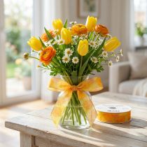 Artículo Cinta de regalo, cinta de organza floral, amarillo/naranja, 25 mm x 18 m