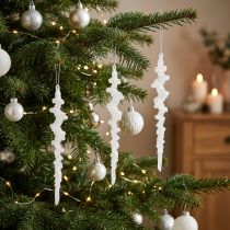 Artículo Carámbanos de purpurina para colgar decoración invernal blancos 24 cm 4 piezas