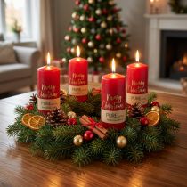Artículo Velas de Adviento rojas "Feliz Navidad" de estearina y cera de colza para decoración navideña, juego de 4, 130/60 mm