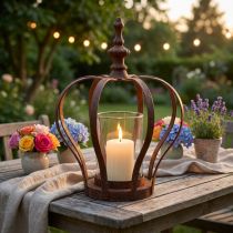 Artículo Farol Corona Marrón Óxido Con Vela Vidrio Ø14cm H18cm