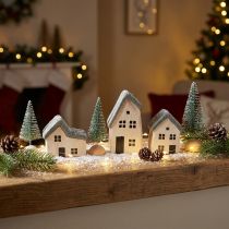 Artículo Pueblo navideño de madera con abetos verdes y blancos, 5-8 cm, juego de 6