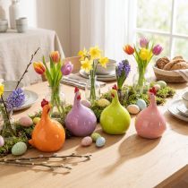 Artículo Figura de pollo de cerámica para decoraciones de Pascua coloridas en el salón y en las mesas, 10,5 cm, 4 piezas