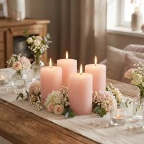 Artículo Velas románticas de pilar de color rosa liso, rosa claro, 70×80 mm, juego de 4 - Velas decorativas para un ambiente acogedor