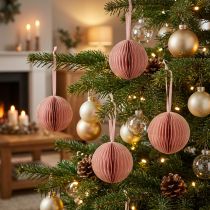 Artículo Bolas navideñas de nido de abeja, color rosa albaricoque, 7 cm, 4 piezas, decoración