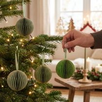Artículo Bolas de Navidad, bolas de nido de abeja de papel, verde y dorado, 7 cm, 4 piezas, decoración