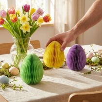 Artículo Huevos de panal de papel de Pascua de pie verde amarillo violeta 20cm 3ud