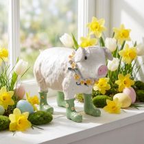 Artículo Cerdo decorativo con botas de goma – Figura divertida de granja con corona de flores, 15,5 cm