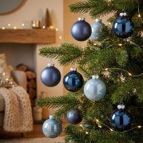 Artículo Adornos navideños de cristal para el árbol, juego de 3: azul claro, azul, azul metalizado y mate, con colgador, 6 cm, 24 unidades