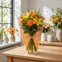 Artículo Bolsa de flores patrón de yute naranja L40cm W12-30 50 piezas
