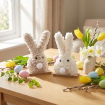 Artículo Conejito de Pascua decorativo de peluche: decoración de Pascua esponjosa en beige y blanco sobre base de madera H18cm 2 uds.