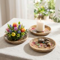 Artículo Platos de madera con flores y mariposas, rosa natural, Ø15cm, 3 piezas