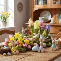 Artículo Conejitos de Pascua de madera de colores, decoración de mesa con puntos, H8cm, 4 piezas