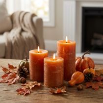 Artículo Velas de pilar de color naranja oscuro, de color liso en su totalidad, estilo rústico atardecer, 60 x 80 mm, juego de 4, para decoraciones de otoño y Adviento.