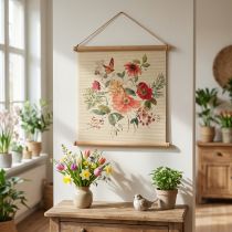 Artículo Arte de pared con decoración floral, estera de bambú de madera con cordón de yute, 44 x 42 cm para sala de estar.