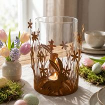 Artículo Farol con conejos, decoración primaveral, decoración de metal con flores, pátina Pascua Ø11.5cm H18cm