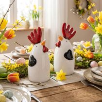 Artículo Decoración de mesa de cerámica con forma de pollo, gallo rojo y blanco, 7 x 6 x 15 cm, 2 unidades