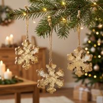 Artículo Copo de nieve madera de mango natural, cristal de nieve dorado Ø10cm 6pcs
