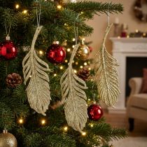 Artículo Plumas decorativas, adornos de árboles con purpurina, adornos de adviento, plumas para colgar doradas L22cm 12pcs