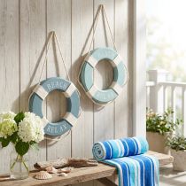 Artículo Aro salvavidas decorativo de madera para natación marítima, color azul, 17 cm, 2 unidades