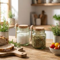 Artículo Vaso decorativo con tapa de corcho y cuchara, verde, Ø7cm, H10cm, 2 piezas