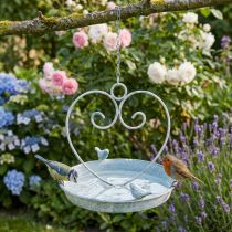 Artículo Baño para pájaros de metal con decoración en forma de corazón, blanco y azul, para colgar, Ø21,5 cm