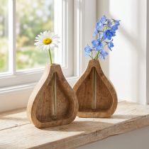 Artículo Mini jarrón tubo de ensayo de vidrio decoración de madera transparente natural H17cm 2 piezas