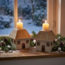 Artículo Portavelas navideño, casita de madera, gris, 9×9×11 cm, 2 unidades