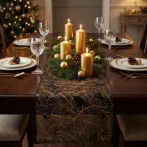 Artículo Camino de mesa de organza negro-dorado – elegante rollo de tela decorativa con estampado de hojas 48 x 450 cm