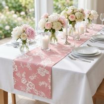 Artículo Camino de mesa con estampado floral, cinta de mesa, algodón, rosa, 15cm, 3m