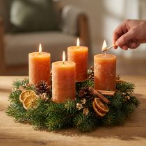 Artículo Velas de pilar, naranja oscuro, color liso, diseño Atardecer, 60x100 mm, 4 piezas, rústicas, verano, otoño, Adviento